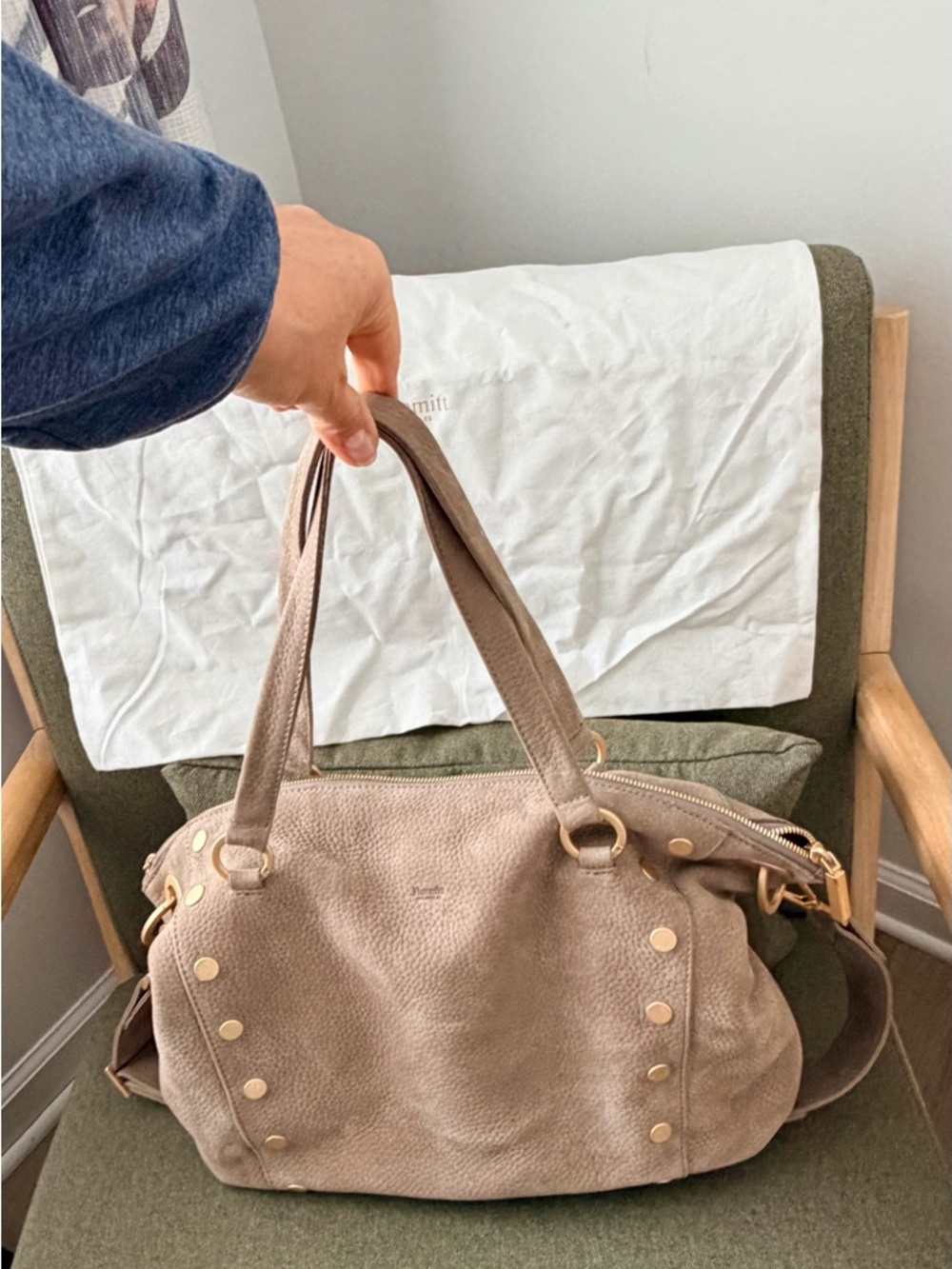 Hammitt Daniel Medium Pebbled Taupe suede leather bag with gold hardware